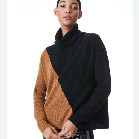 Alice + Olivia Jacob Cashmere Colorblock Turtleneck Sweater Camel Black M - Picture 1 of 13